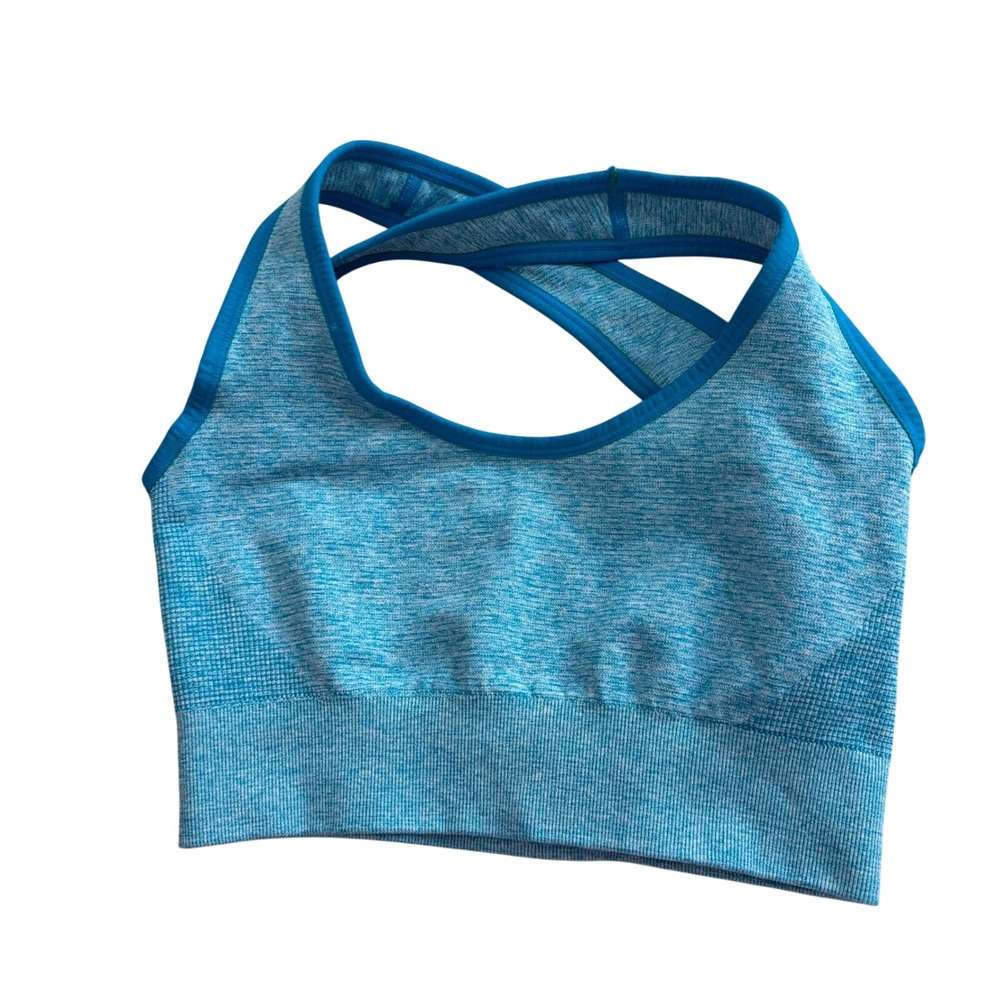 NUX Women Turquoise Blue Heather Seamless Criss Cross Back Sports Bra Small
